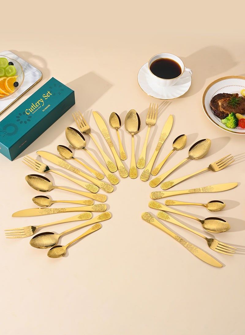 SUNHOME 24-Piece Gold Stainless Steel Cutlery Set, Luxury Floral Pattern Flatware Set for 6 Person, Mirror Polished Food Grade Tableware, Ideal for Home Kitchen, Party and Eid Gift - Image 3
